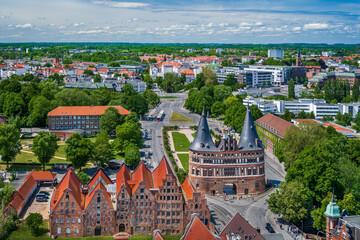 Skyline of Lübeck, Germany with the Holstentor