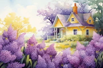 Fotobehang Illustration of a yellow cottage surrounded by lilac flowers. Generative AI © Percival