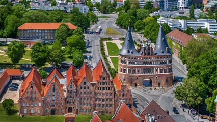 Skyline of Lübeck, Germany with the Holstentor