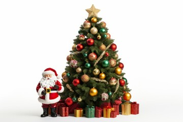 Fototapeta na wymiar Toy Santa Claus next to a big Christmas tree. Generated with AI
