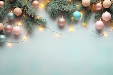a colorful christmas border with christmas brance, pine tree leaf, little lamps decoration, soft pastel background for flat lay, generative ai