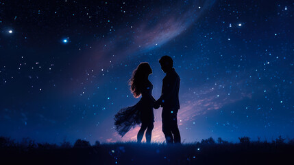 Silhouette of man and woman holding hands against night sky background. Romantic couple kissing in the night forest with starry sky