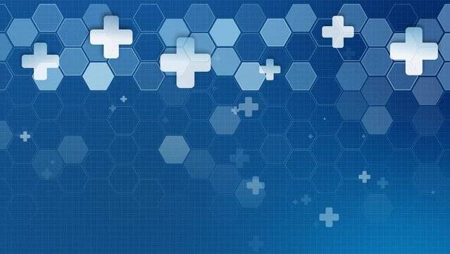 Abstract medical blue background with a grid of hexagons and animated white crosses. Copy space. Looped motion graphics.