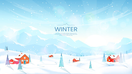 Landscape of a mountain village. Houses and trees on snow-covered hills, mountains in the background. A clear winter day. Snowfall in the background. Vector illustration for background or banner.