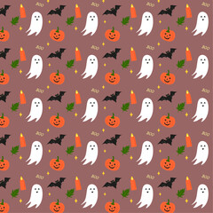 Halloween pattern with ghosts, pumpkins, candles, leaves, a bat and an inscription (cocoa background)
