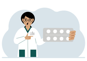 A female doctor in a white coat holds a large plate with pills. Vector