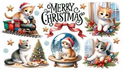 Sticker set with Kittens playing with a toy train, sitting with a snow globe, under a Christmas tree, window and with holiday decorations. Watercolor illustration with "Merry Christmas" greeting