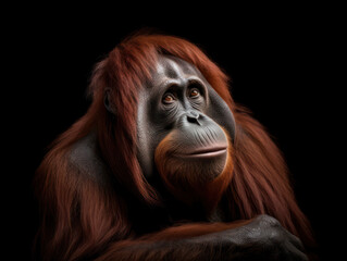 Orangutan Studio Shot Isolated on Clear Black Background, Generative AI