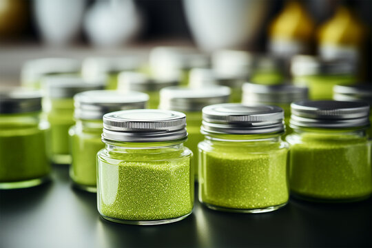 3d rendering with group of glass jars filled with green plastic powder, acrylic polymer material, greenish colored sand. green granular substance, pigment granules for paint. horizontal poster
