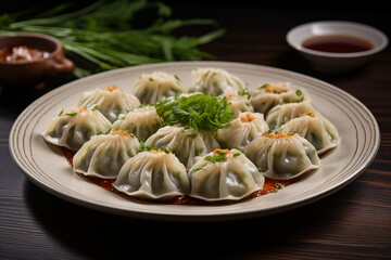dumplings served with dipping sauce in a bowl, Asian food