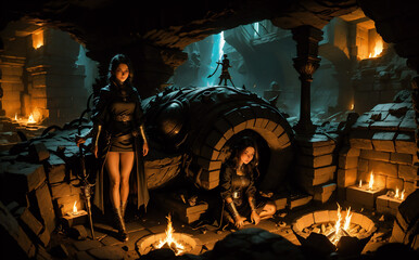 Beautiful young woman in black dress and leather corset posing with burning torches