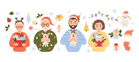 Obraz na płótnie Canvas Collection Christmas elderly and young people. Happy couple grandparents, man and woman with puppy, garland and New Year gifts, boxes and balls. Vector illustration. Isolated holiday elements decor.