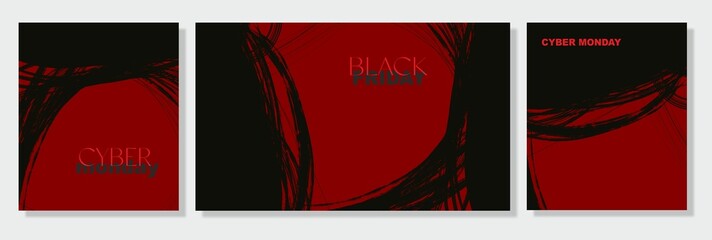 Fototapeta premium Black Friday, Cyber Monday. Design of advertising flyer templates in grunge style (broad strokes and scribbles in red, black, white). Minimalist posters for business, promotion and advertising