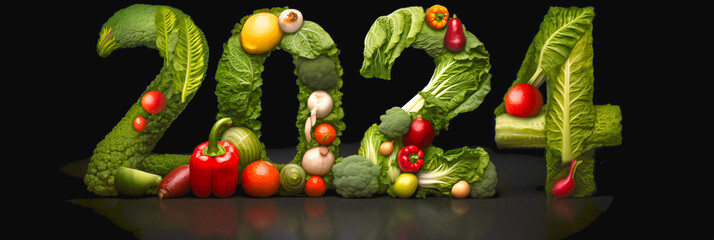 2024 text made of vegetables, vegan, health design - obrazy, fototapety, plakaty