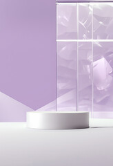 white podium with purple background and glass wall
