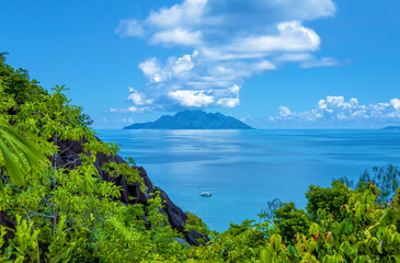 Fototapeta na wymiar Island Silhouette seen from Island Mahé, Republic of Seychelles, Africa.