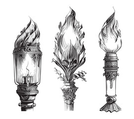 Set of torches sketch hand drawn in doodle style illustration - obrazy, fototapety, plakaty