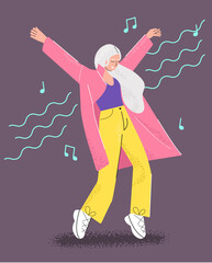 Flat illustration of a girl with white hair in a raincoat listening to music and dancing on a cocoa background