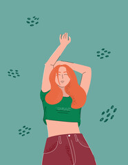Flat illustration of a girl with red hair on a green background with flowers