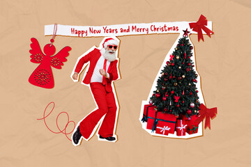 Creative collage of excited grandfather santa dancing happy new year and merry christmas poster...