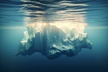 Iceberg in ocean, visible tip and submerged parts, top smaller than bottom. Generative AI