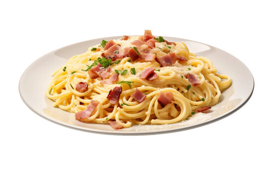 Steaming Plate of Homemade Spaghetti alla Carbonara on transparent background.