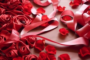 Red silk ribbon hearts and waves with rose flowers on background for Valentine's Day. Generative AI