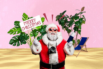 Collage image of excited funky santa hold plane tickets merry christmas sign exotic plants sand...