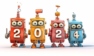 Naklejka premium 2024 text made from cute robots