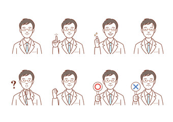白衣姿の男性イラスト　表情バリエーションセット