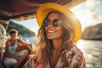 portrait of a woman in sunglasses happy on a boat in summer - obrazy, fototapety, plakaty