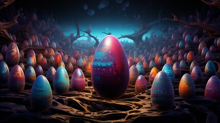 Cheerful Easter concept. Planning for occasion. Colorful pastel brightened easter eggs in settle on grunge scratched dull dark shale foundation. Straightforward moderation level lay beat - obrazy, fototapety, plakaty
