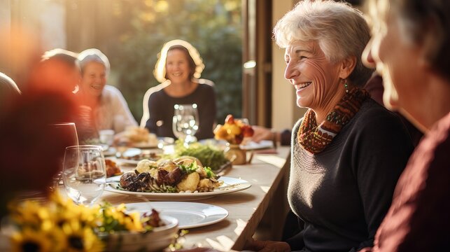 Cheerful companions getting a charge out of thanksgiving lunch at eating table
