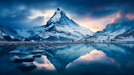 Snow covered peaks tower above a frozen lake, their reflections shimmering in the icy water below