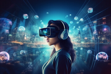 Internet Interface Concept: Person with Virtual Reality Headset Enters Cyberspace Internet Interface and Browses Through Web Content, Watches Video Streaming, Social Media