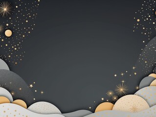 Stylish minimalistic Christmas gray background with decorative elements cut paper in dark gray and gold tones. Copy space.