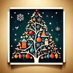 Christmas greeting card concept with festive background and Christmas tree with decorations