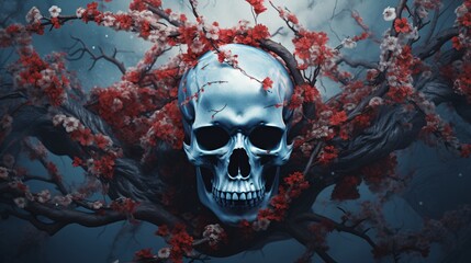 a blue skull is in the branches surrounded by red blossoms zbrush mesmerizing dark silver and crimson