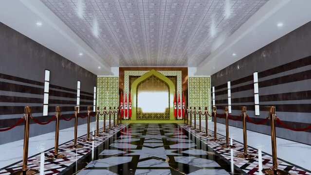 hall with the camera moving forward to a tunisia flag. arcdoor with tunisia flag