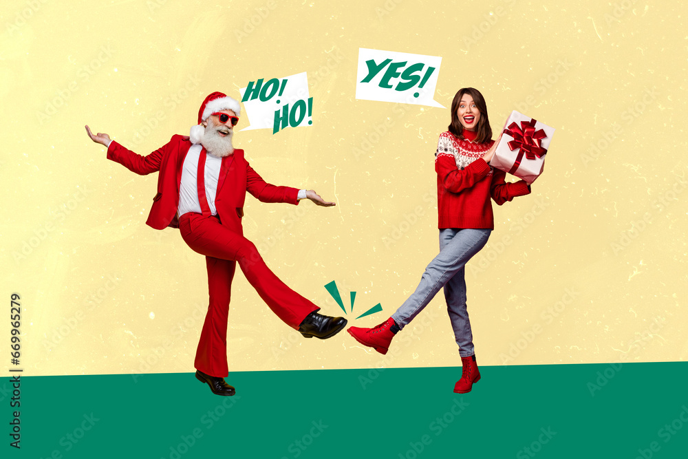 Sticker Creative collage image of overjoyed excited santa girl dancing hold new year giftbox shout yes ho ho isolated on beige background