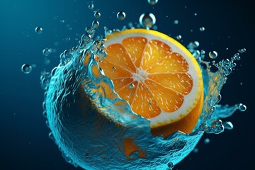 drops flying citrus drink blue. Generative AI