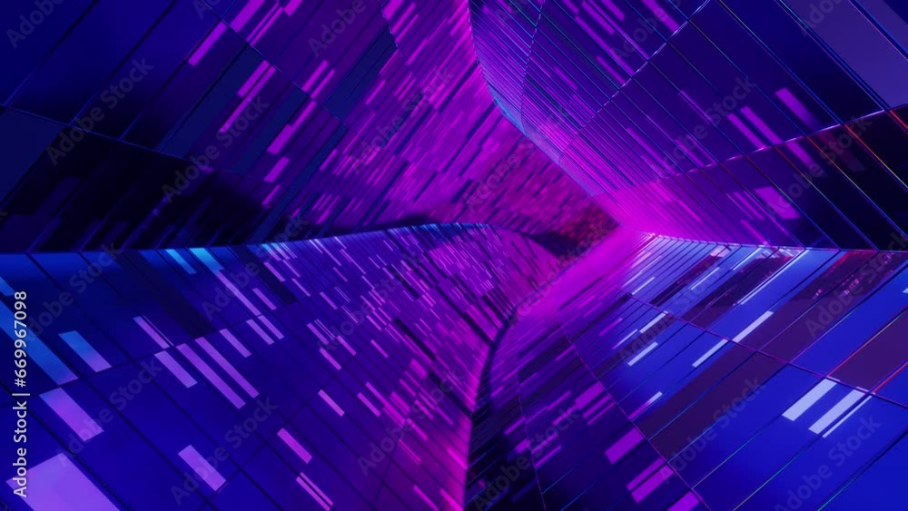 Poster 3d render loop animation of tunnel with glowing neon pattern