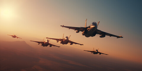 Fototapeta na wymiar Flight Formation. Fighter Jets in Perfect Alignment during a Training Exercise
