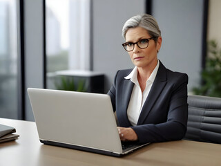 Serious mature businesswoman in eyeglasses using laptop in office.generated with ai