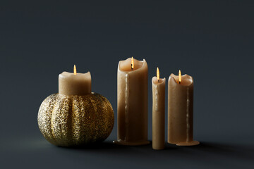 3D render of festive candles burning against gray background