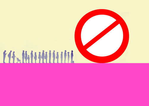 People standing in row near keep out sign