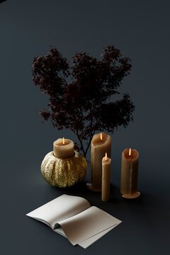 3D render of festive candles, leafy branch and blank note pad