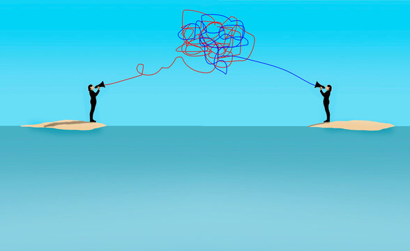 People communicating through megaphone with tangled lines on island