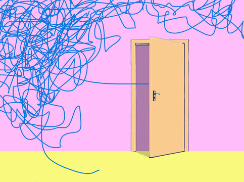 Door emitting tangled line near pink wall