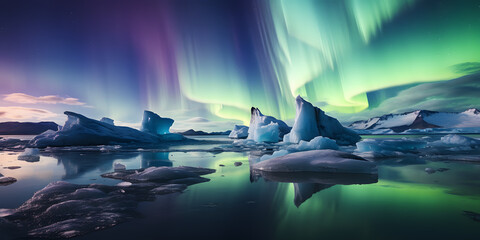 Frozen Beauty. Icebergs Drifting in a Glacial Lagoon Under the Northern Lights